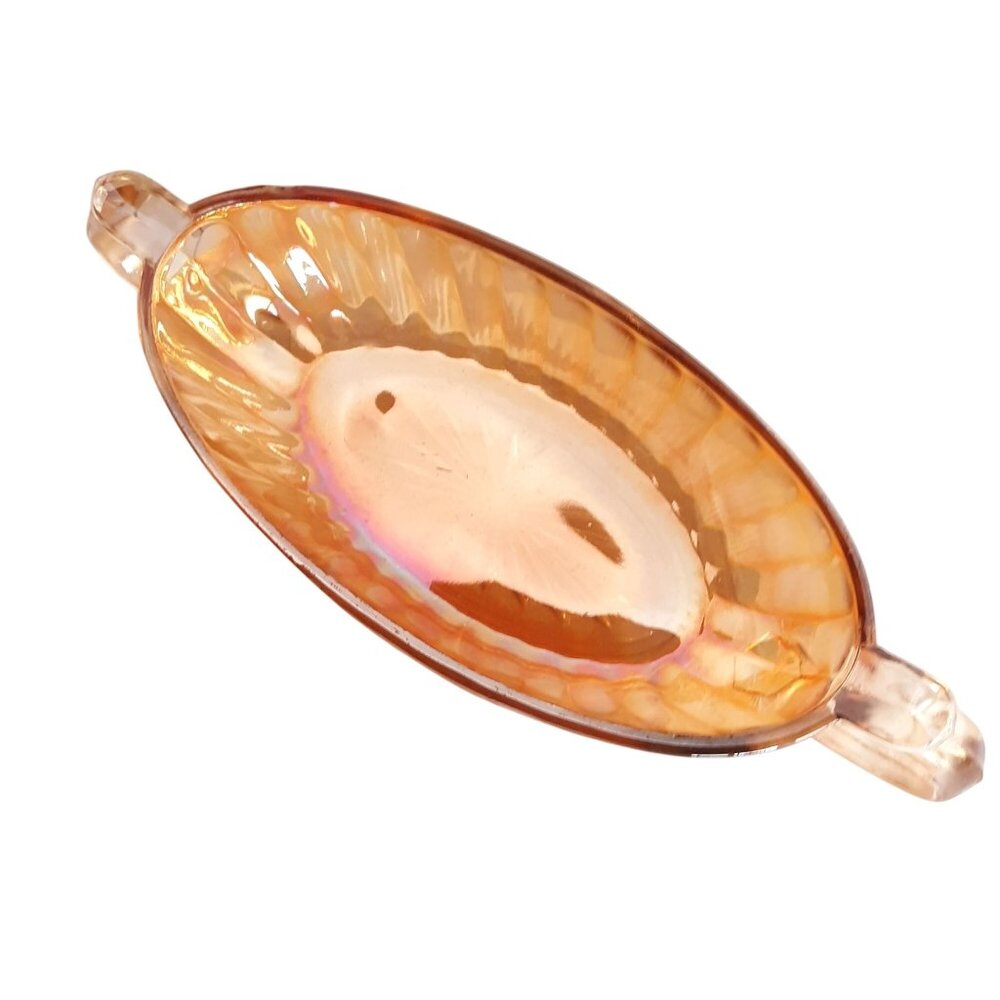 Vintage Iridescent Amber Carnival Glass Oval Ribbed Serving Dish with Handles